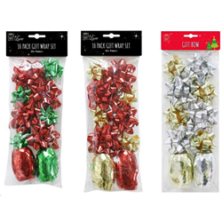 Xmas 10 Piece 10m Ribbon 70mm & 50mm Bows Assorted Colours