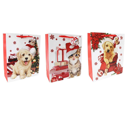 Xmas 260x320x100mm Large Pet Red Glitter Gift Bag Assorted