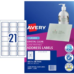 Avery Crystal Clear Laser Address Label 21UP 63.5x38.1mm