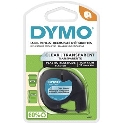 Dymo LetraTag 12mmx4m Black on Clear Plastic Label Tape