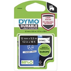 Dymo D1 Durable 12mmx5.5m Black On White Label Tape