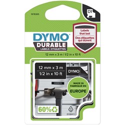 Dymo D1 Durable 12mmx3m White on Black Label Tape