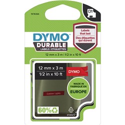 Dymo D1 Durable 12mmx3m White on Red Label Tape