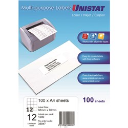 Label Laser/Ijet/Copier Unistat 68X70mm 12 P/Page