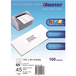 Label Laser/Ijet/Copier Unistat 51X15mm 45 P/Page