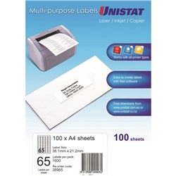 Label Laser/Ijet/Copier Unistat 38.1X21.2mm 65 P/Page