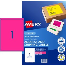 Label Laser Avery Signalling L7167Fp-25 Fluro Pink 199.6X289.1mm 1 P/Page