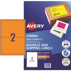 Avery L7168-10 Fluro Orange Laser Shipping Labels 199.6x143.5mm 2 P/page