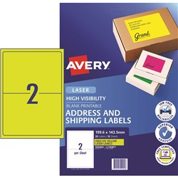 Avery L7168-10 Fluro Yellow Laser Shipping Labels 199.6x143.5mm 2 P/page