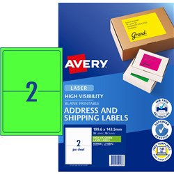 Avery L7168-10 Fluro Green Laser Shipping Labels 199.6x143.5mm 2 P/page