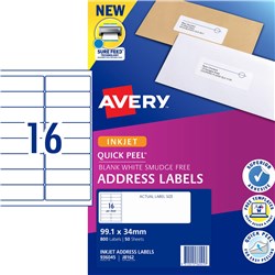 Label Inkjet Avery Address J8162-50 99.1X34mm 16 P/Page