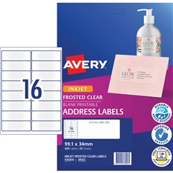 Label Inkjet Avery Address J8562-25 Clear 99.1x34mm 16 P/page